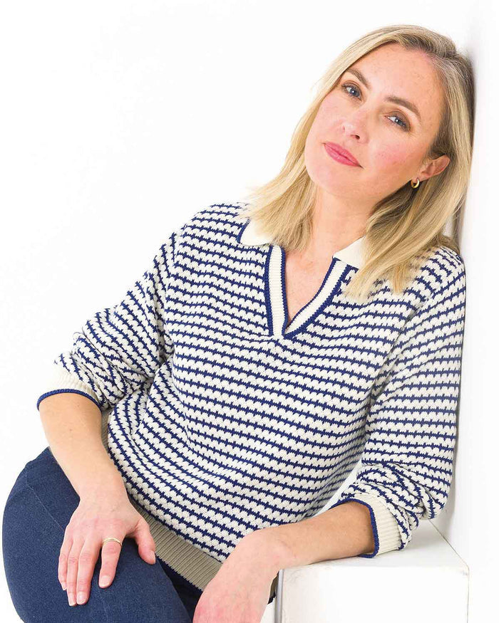 Amelia Patterned Collared V Neck Pure Cotton Jumper - The Classic Boutique