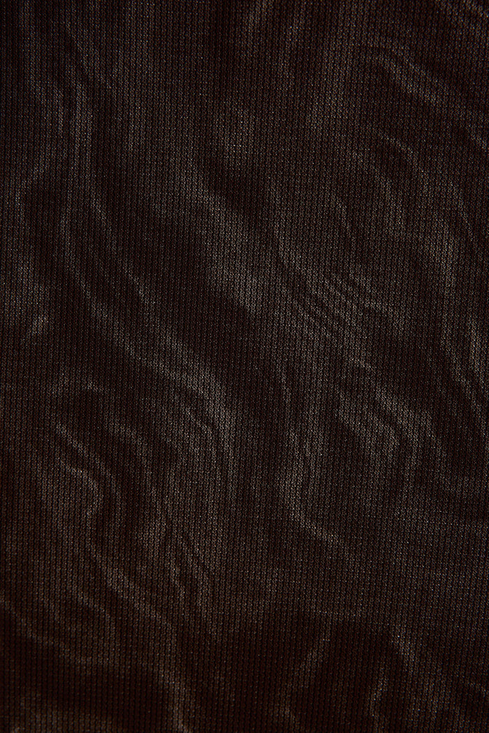 Close-up of mocha stretch mesh knit with faint tonal floral shimmer pattern.