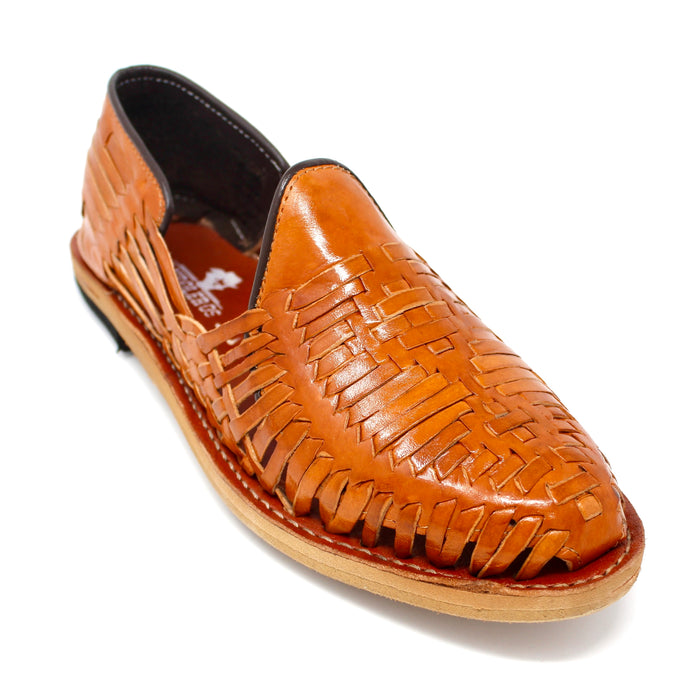 Bandoleros men's handmade honey leather Mexican huarache sandals featuring traditional woven genuine leather slip-on design