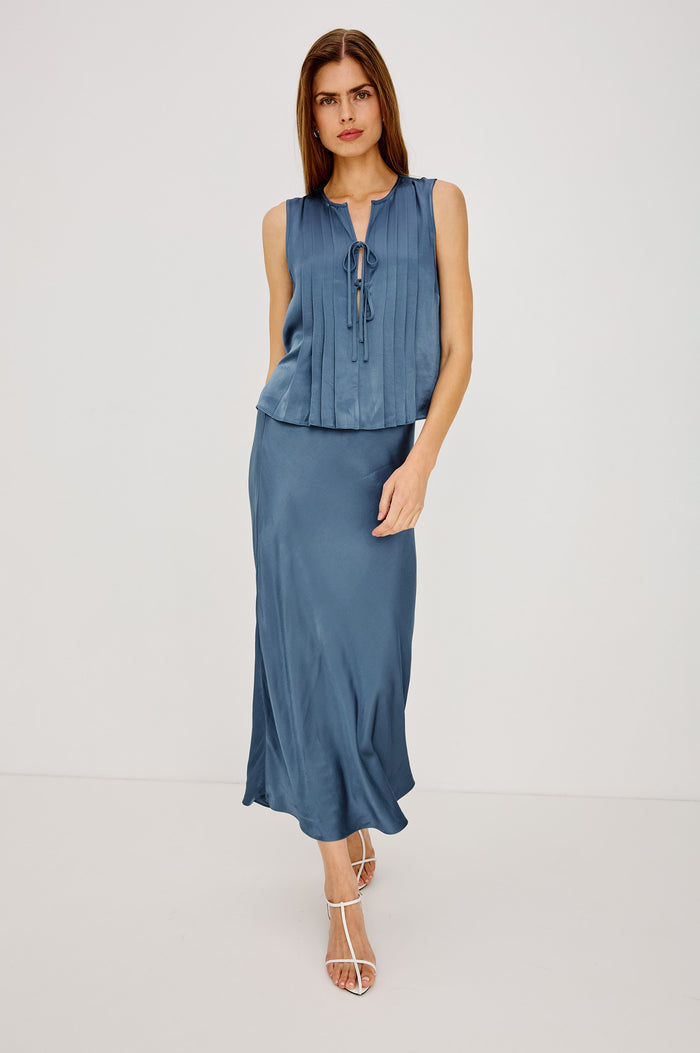 Anya Midi Skirt in Satin-Back Crepe, High-Rise Elastic Waistband, Pull-On FIt in Atlantic Colorway - Full Body Front View Featured on Model