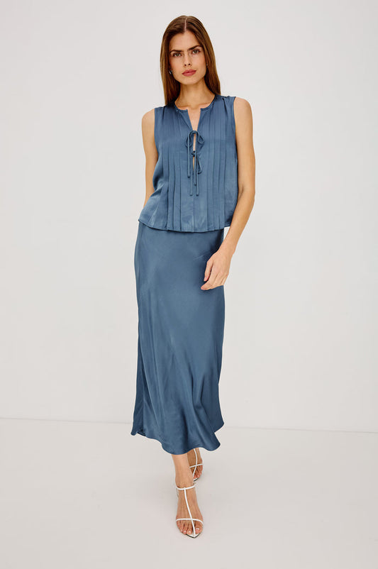 Anya Midi Skirt in Satin-Back Crepe, High-Rise Elastic Waistband, Pull-On FIt in Atlantic Colorway - Full Body Front View Featured on Model