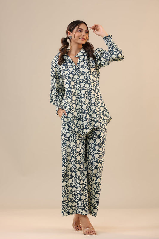 Aster on Dark Blue Cotton Collared Co-ord Set