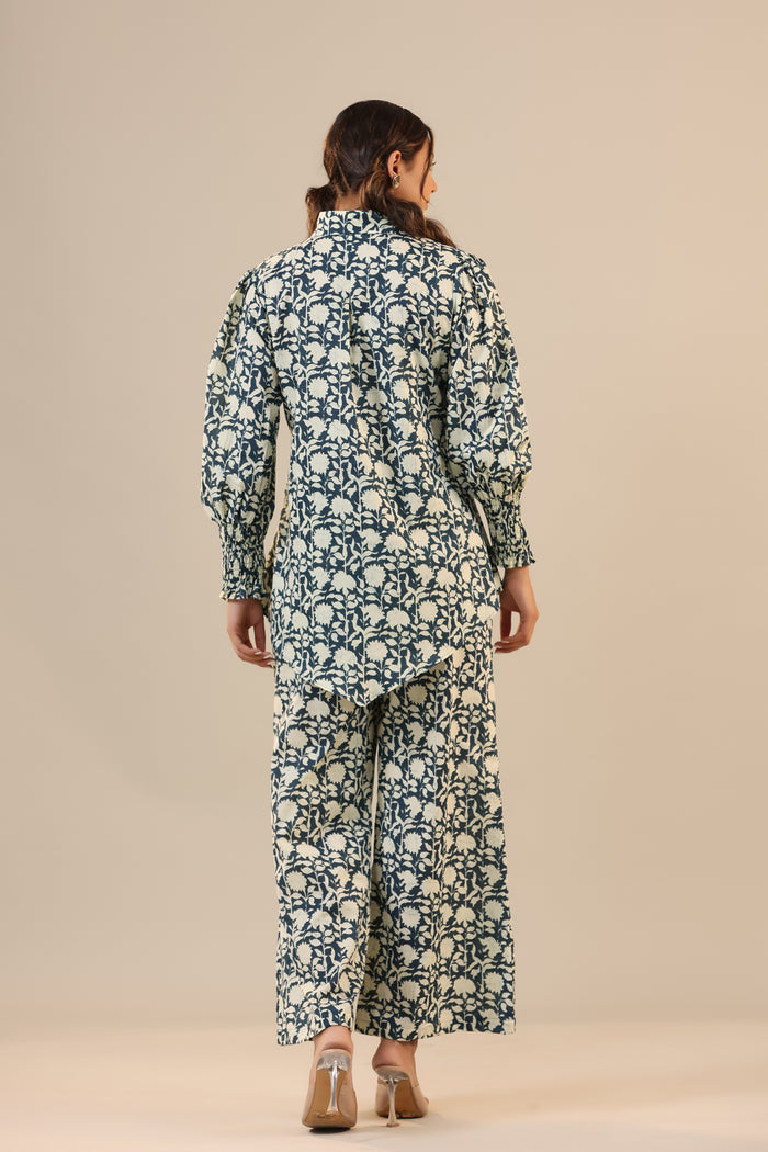 Aster on Dark Blue Cotton Collared Co-ord Set
