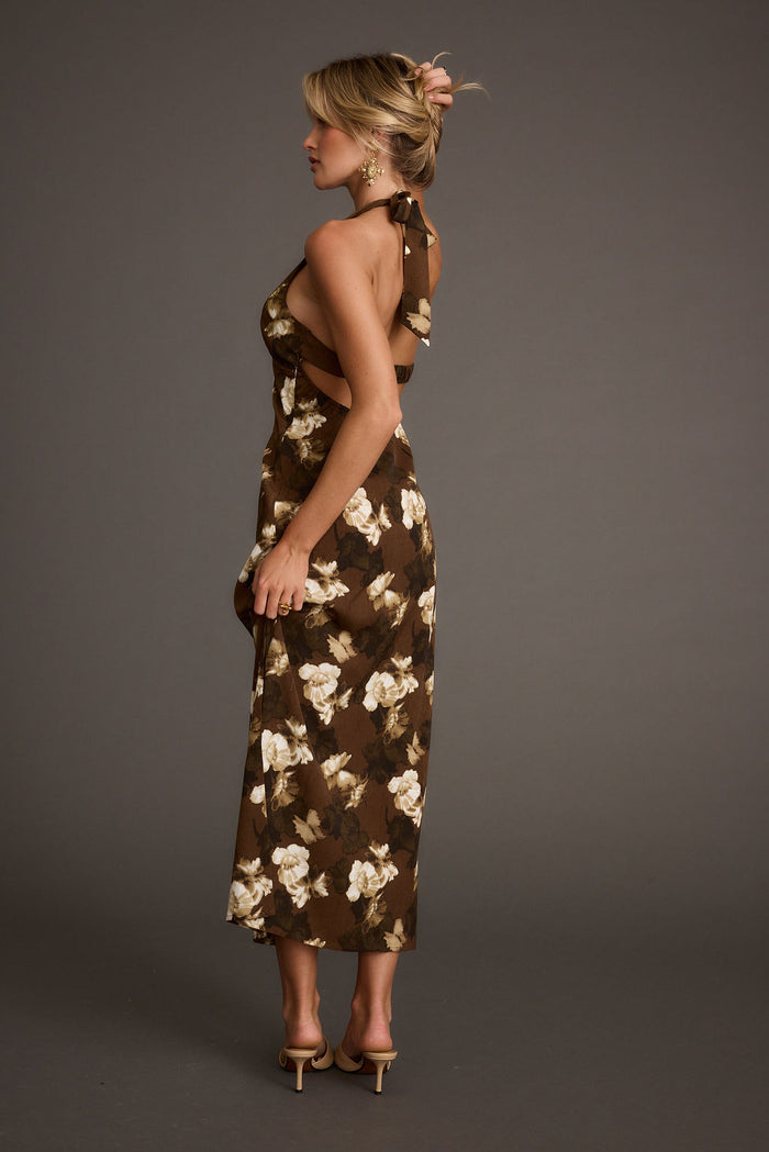 Detail shot of the Audrina Brown Floral Halter Maxi Dress highlighting the halter elements.