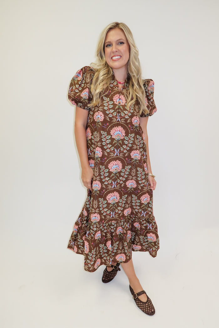 Autumn Bloom Brown Floral Eyelet Midi Dress - The Pink Tulip Clothing