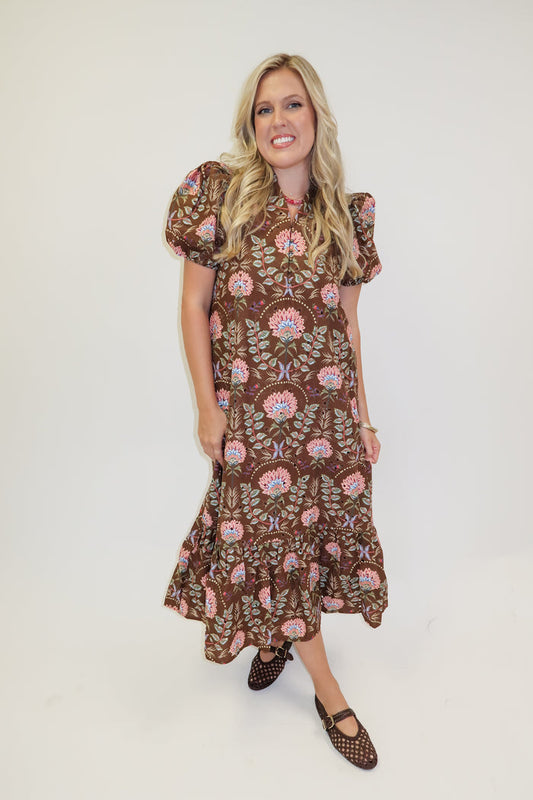 Autumn Bloom Brown Floral Eyelet Midi Dress - The Pink Tulip Clothing