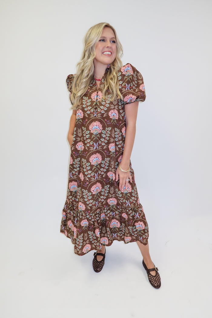 Autumn Bloom Brown Floral Eyelet Midi Dress - The Pink Tulip Clothing