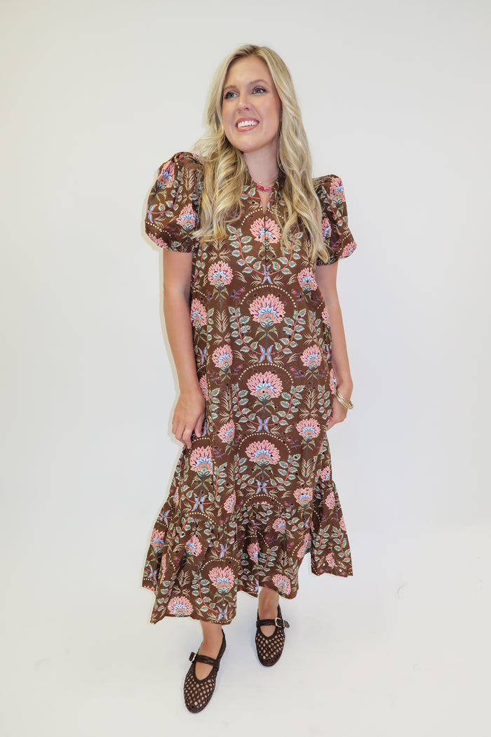 Autumn Bloom Brown Floral Eyelet Midi Dress - The Pink Tulip Clothing