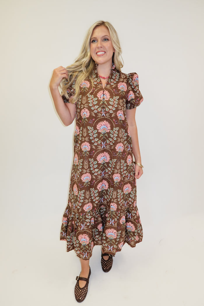 Autumn Bloom Brown Floral Eyelet Midi Dress - The Pink Tulip Clothing
