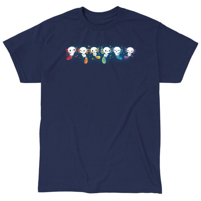 Classic Cotton T-shirt_TeeTurtle navy blue Axolotl Rainbow. Featuring a row of white axolotls with fins in a rainbow-colored sequence.
