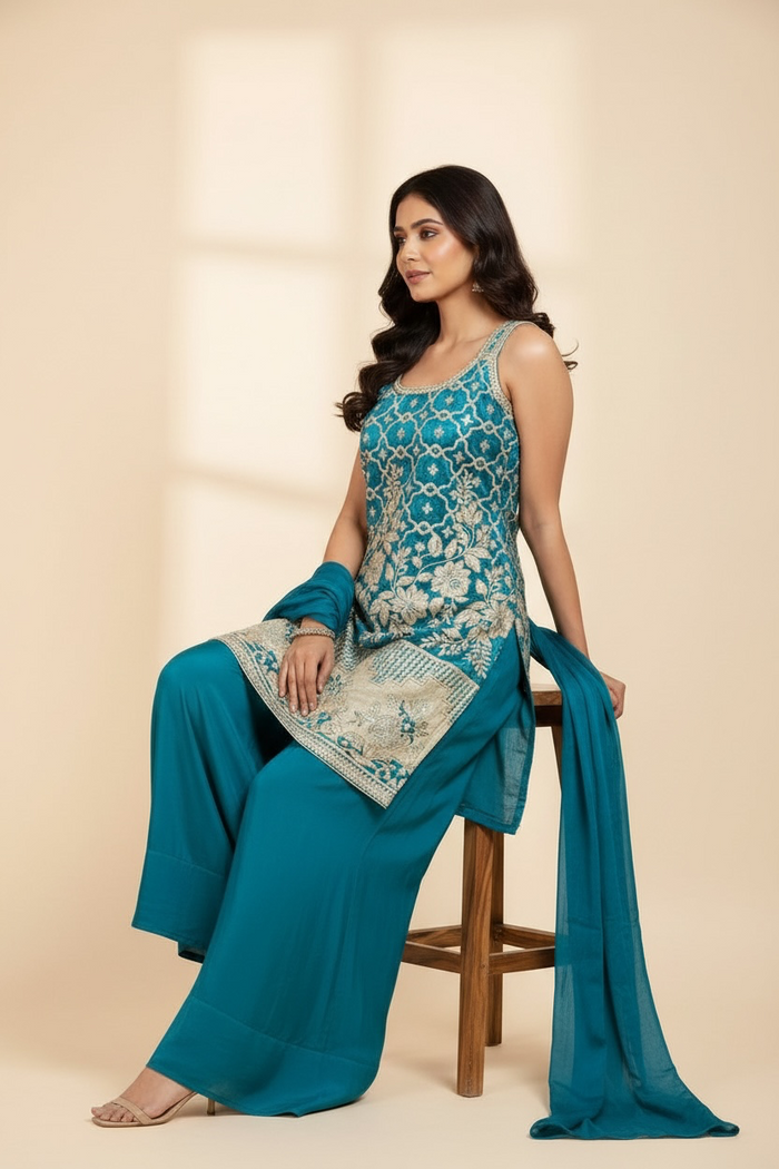 Banarasi sharara suit with necklace dupatta