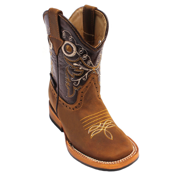 Black and honey leather boots with yellow and white embroidery