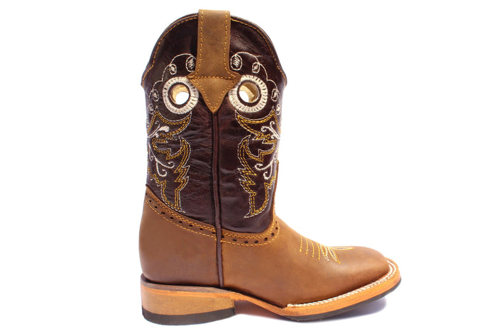 Side view of a black and honey leather boots with yellow and white embroidery
