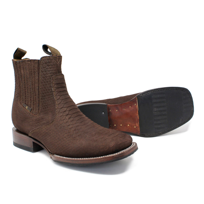Bandoleros Brown Imitation Python Print Square Toe Ankle Leather Boot