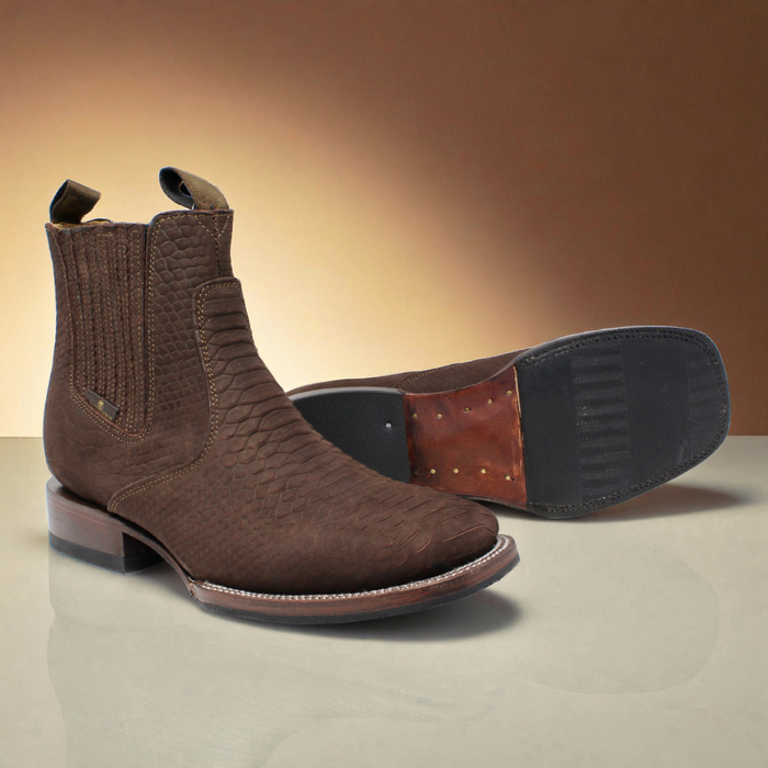 Bandoleros Brown Imitation Python Print Square Toe Ankle Leather Boot