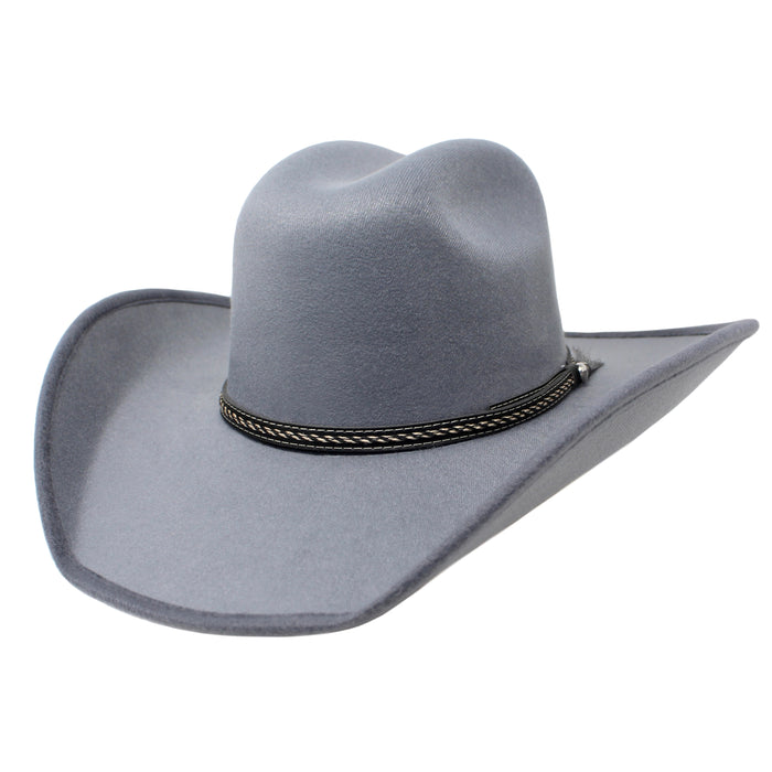 Gray cowboy hat with a black band on a white background