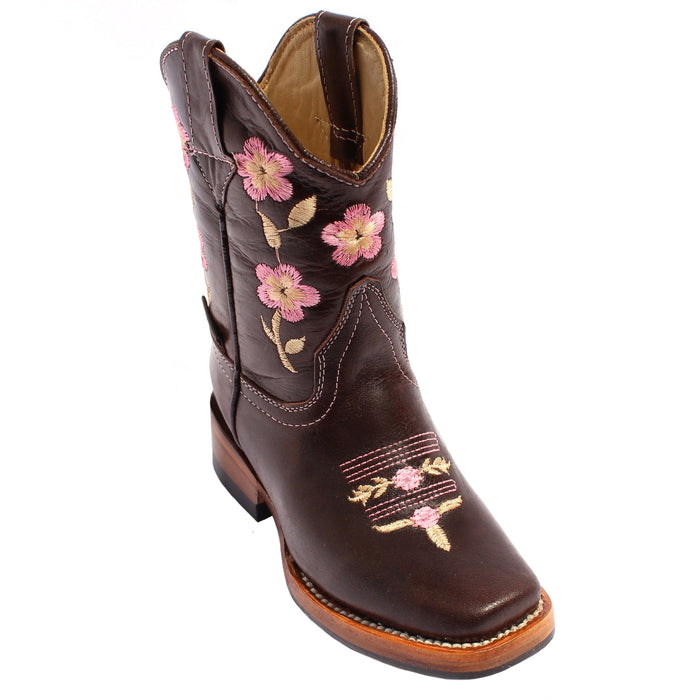 Leather boot with a pink and tan embroidery