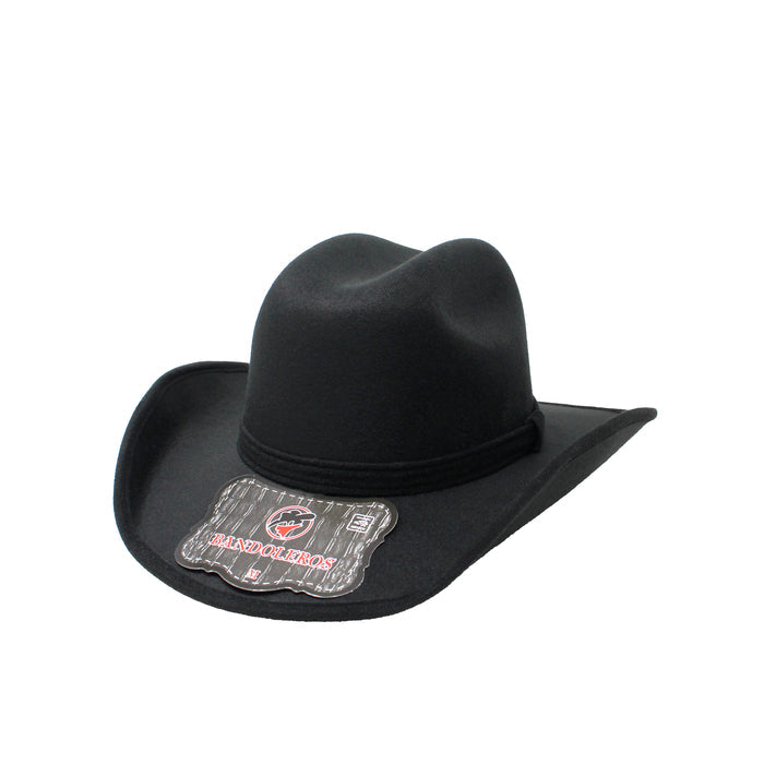Black cowboy hat with a brand label on a white background