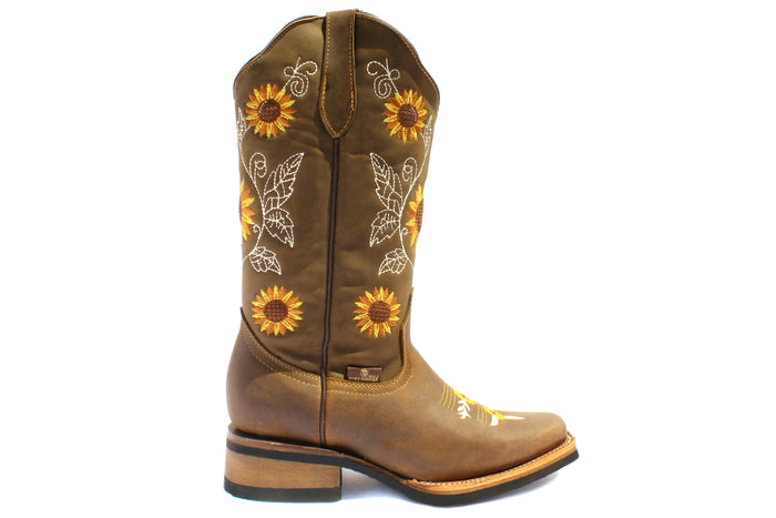 Side view of a brown leather narrow square toe boot with sunflower embroidery