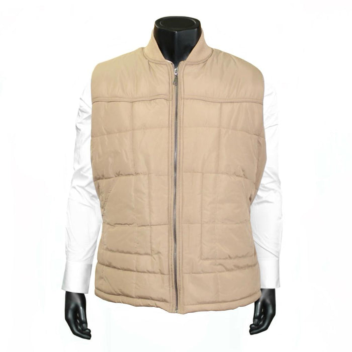 A men's beige padded vest with a center zipper placket and rib knit collar, displayed on a mannequin.