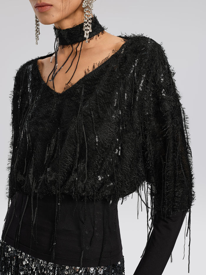 Batwing Stretch Sequin Fringe Top