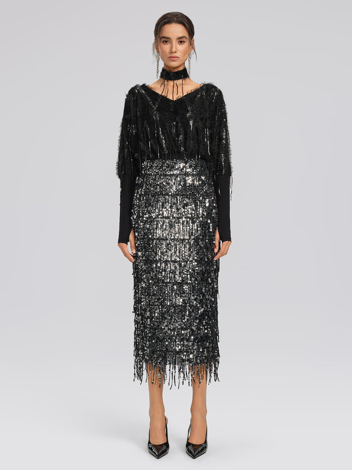 Batwing Stretch Sequin Fringe Top