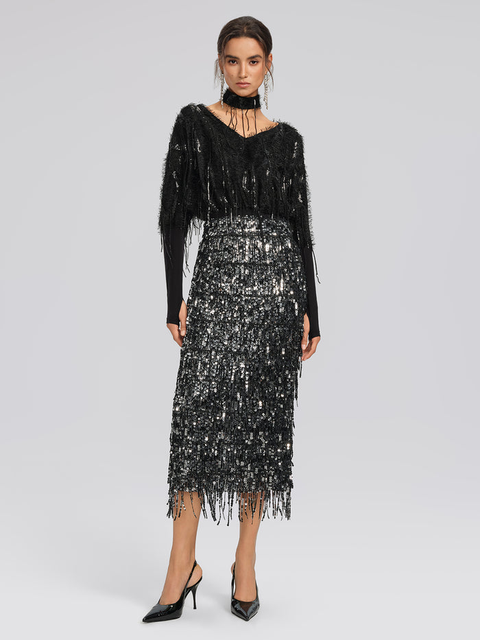 Batwing Stretch Sequin Fringe Top