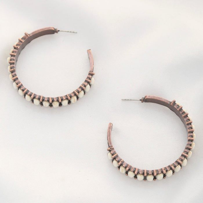 Beaded Copper Toned Open Hoop Earrings