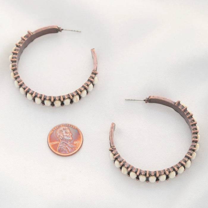 Beaded Copper Toned Open Hoop Earrings