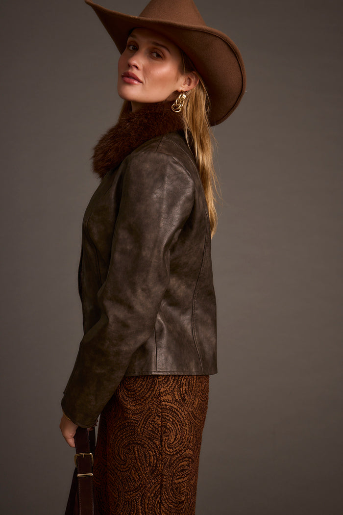 Beckett Espresso Vegan Leather Jacket shown in a complementary styling arrangement.