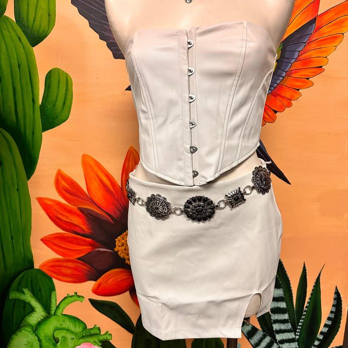 Beige Faux Leather Corset Mini Skirt Set