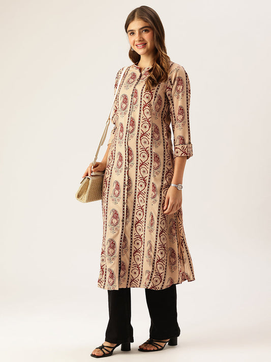 Beige Striped Printed A - Line Kurta