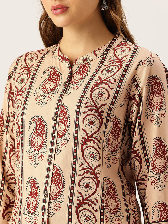 Beige Striped Printed A - Line Kurta
