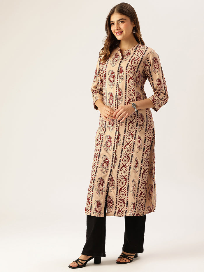 Beige Striped Printed A - Line Kurta