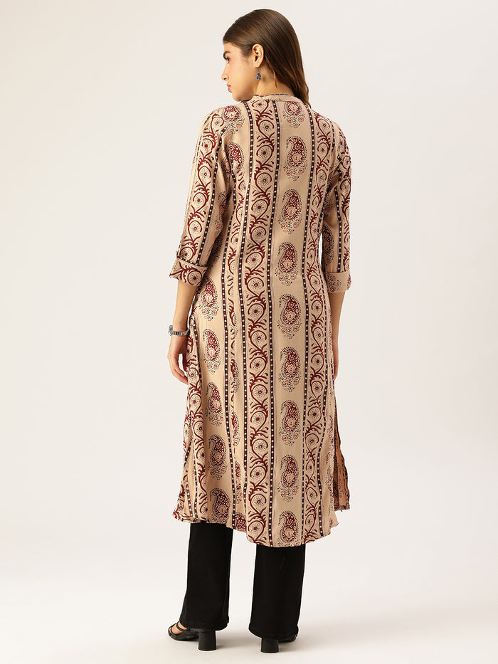 Beige Striped Printed A - Line Kurta