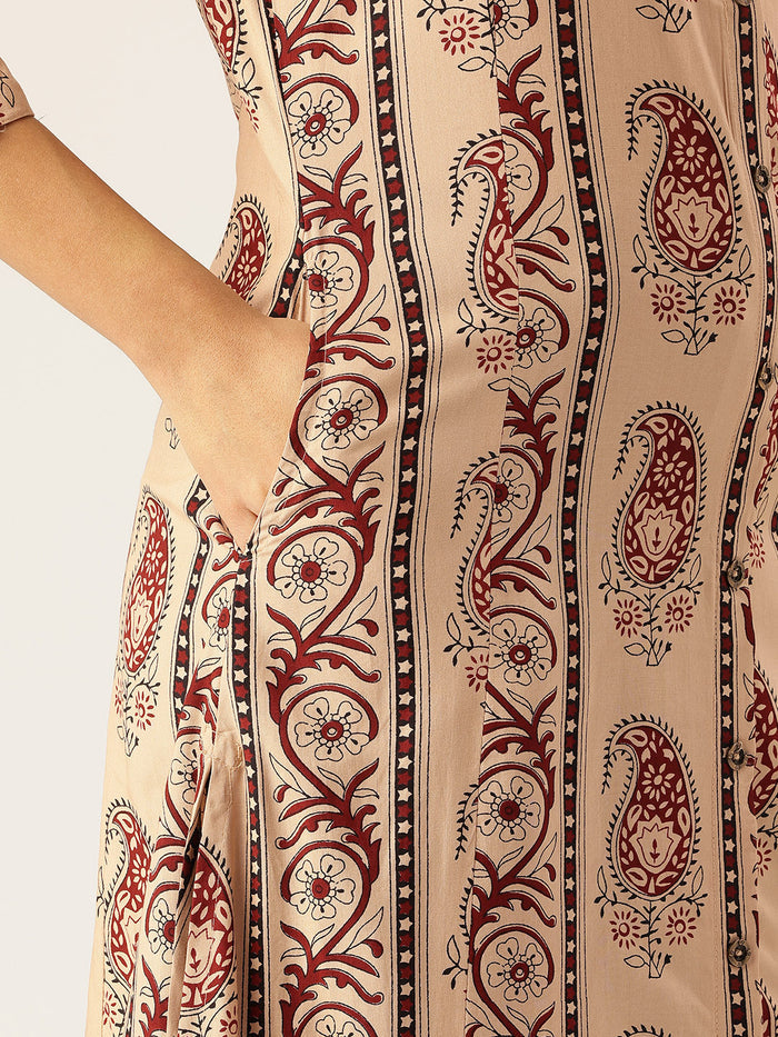 Beige Striped Printed A - Line Kurta