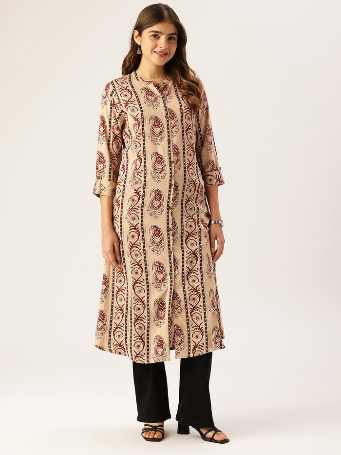 Beige Striped Printed A - Line Kurta