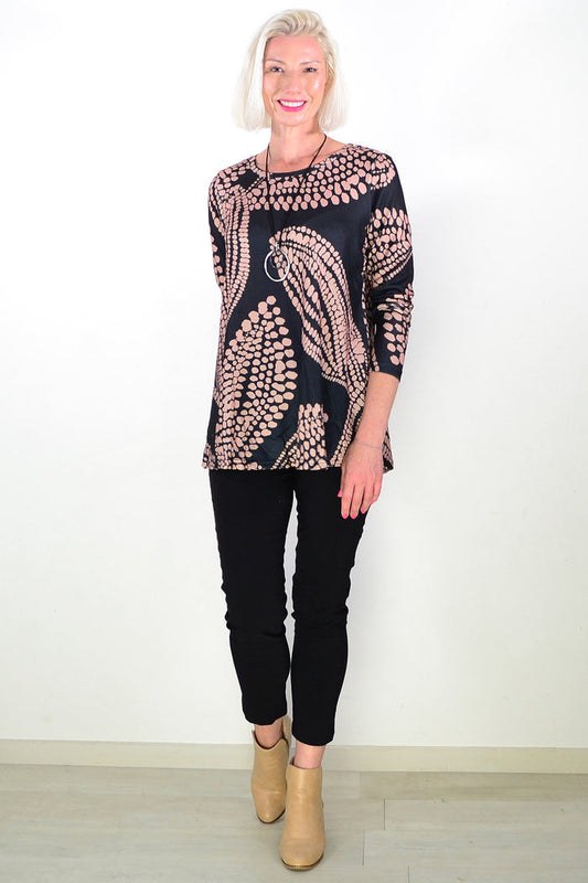 Black Beige Floral Pattern Tunic Top
