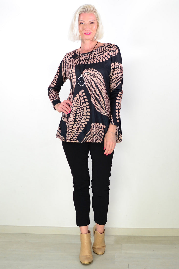 Black Beige Floral Pattern Tunic Top
