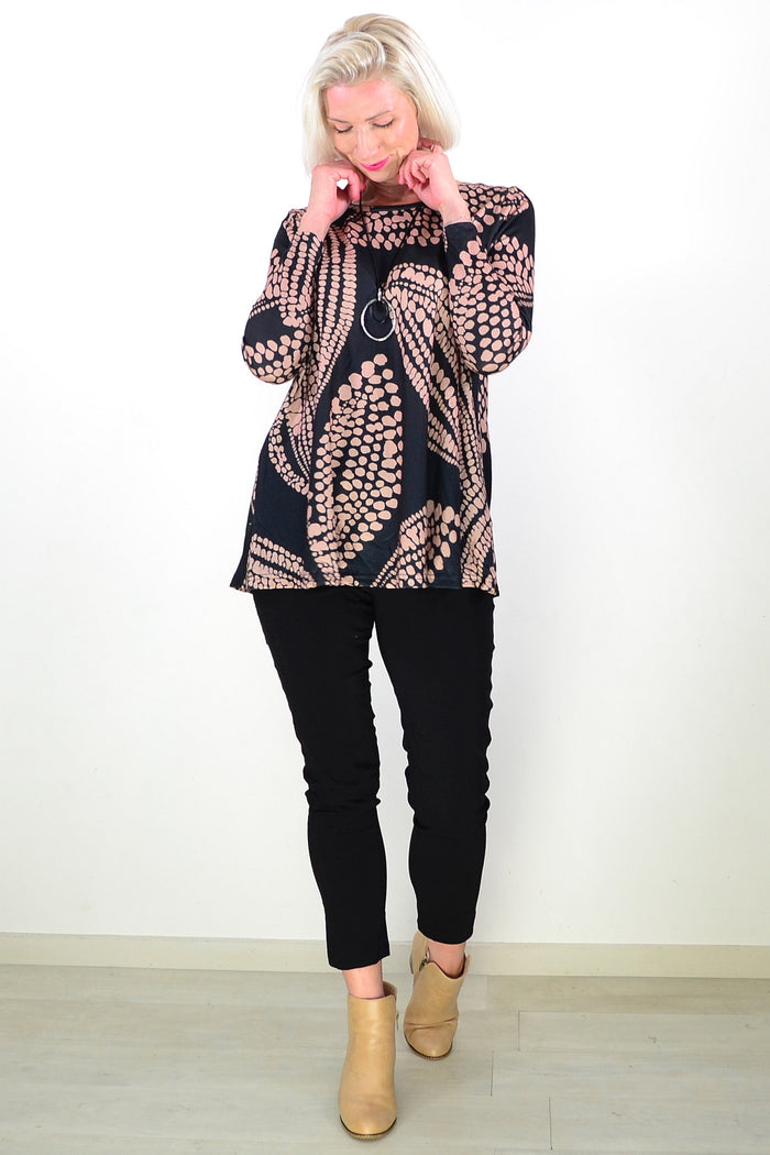 Black Beige Floral Pattern Tunic Top