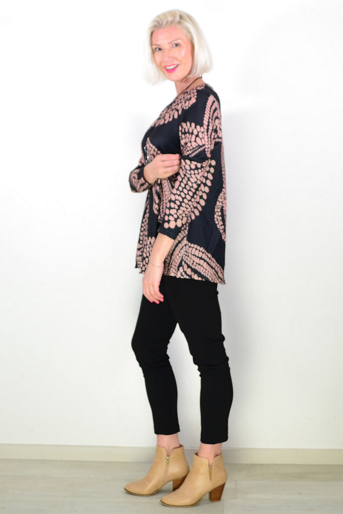 Black Beige Floral Pattern Tunic Top