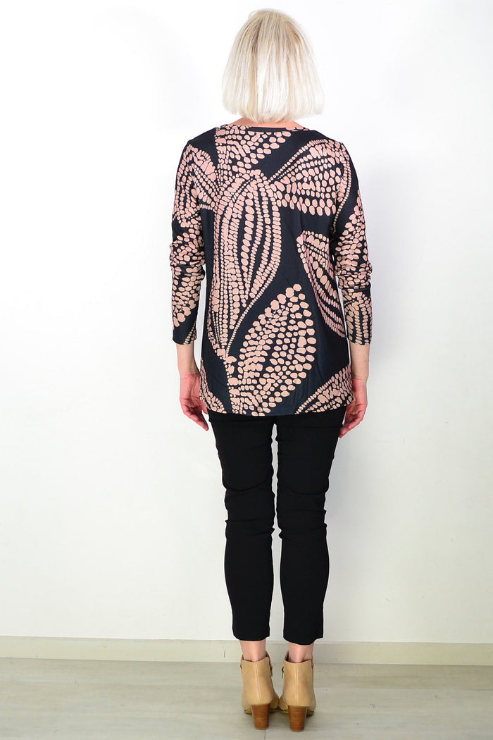 Black Beige Floral Pattern Tunic Top