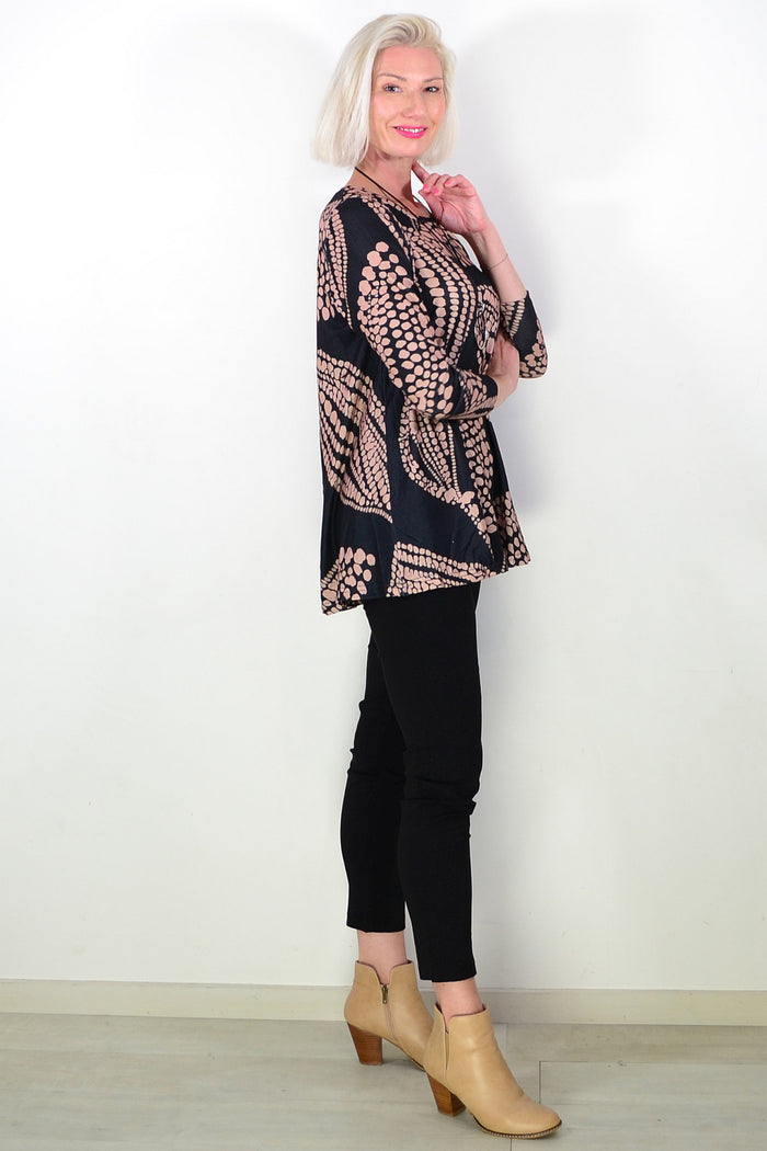 Black Beige Floral Pattern Tunic Top
