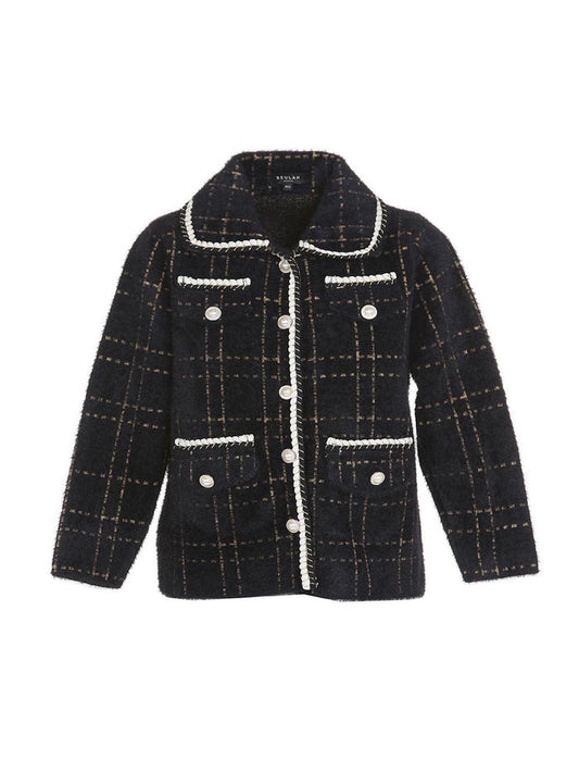 Black Contrast Lining Plaid Tweed Jacket - BTK COLLECTIONS