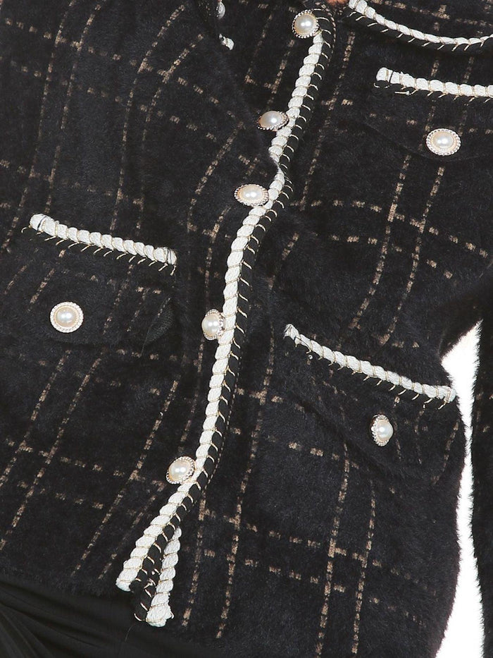 Black Contrast Lining Plaid Tweed Jacket - BTK COLLECTIONS