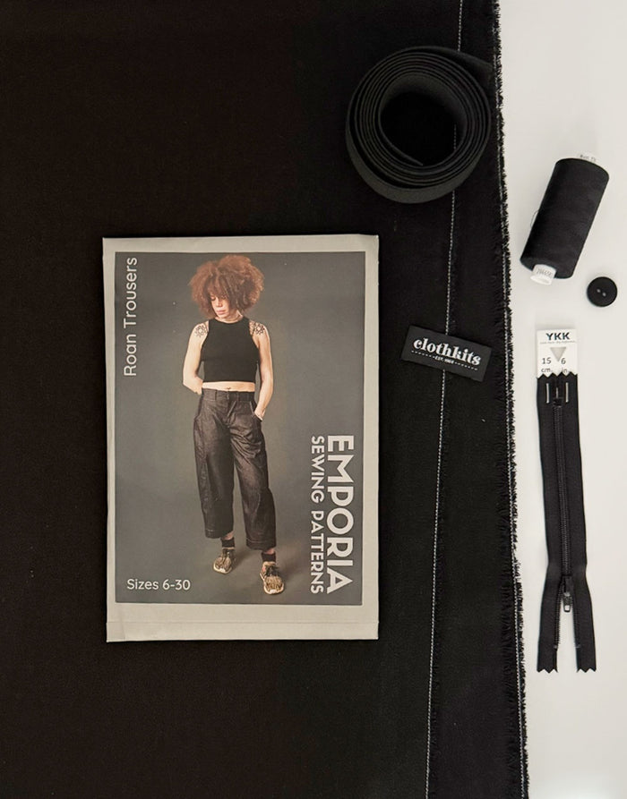 Black Denim Roan Barrel Leg Trousers Dressmaking Kit, Emporia Patterns