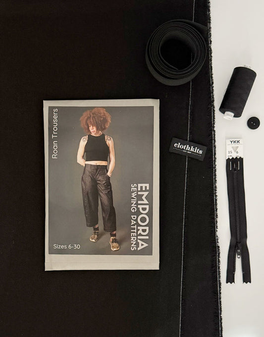 Black Denim Roan Barrel Leg Trousers Dressmaking Kit, Emporia Patterns