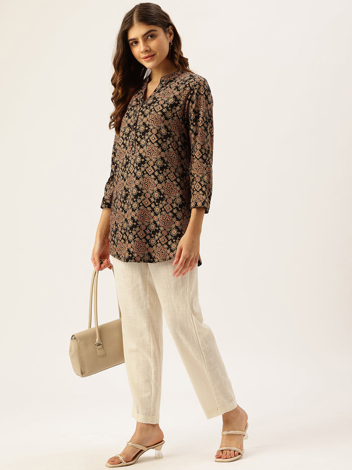 Black Geometric Collar Printed Tunic