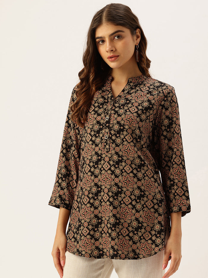 Black Geometric Collar Printed Tunic