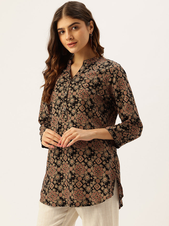 Black Geometric Collar Printed Tunic